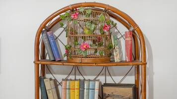 Une bibliothèque remplie de livres et une cage à oiseaux décorative.