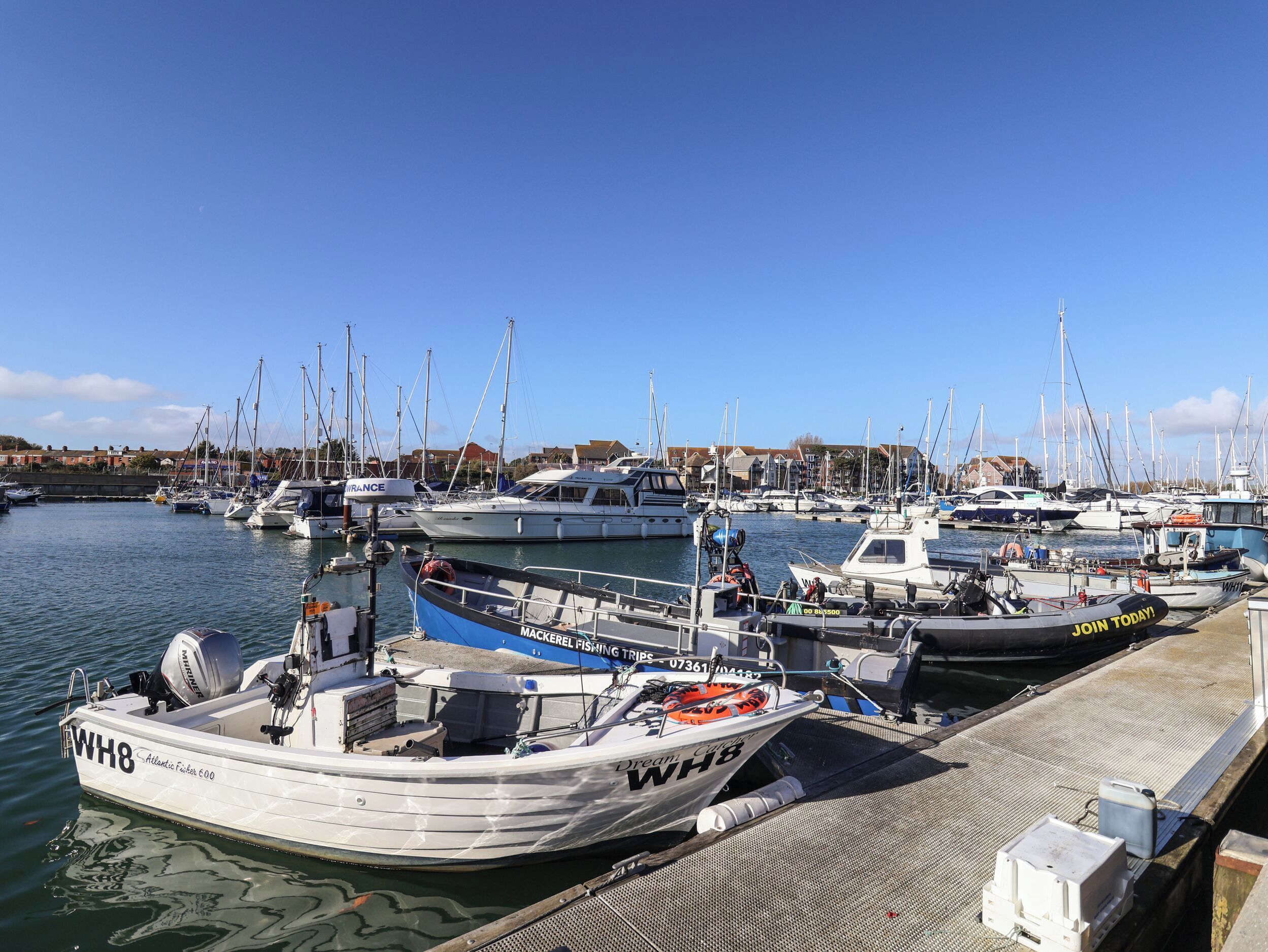 Una marina con varios barcos amarrados, cielo despejado y edificios al fondo.