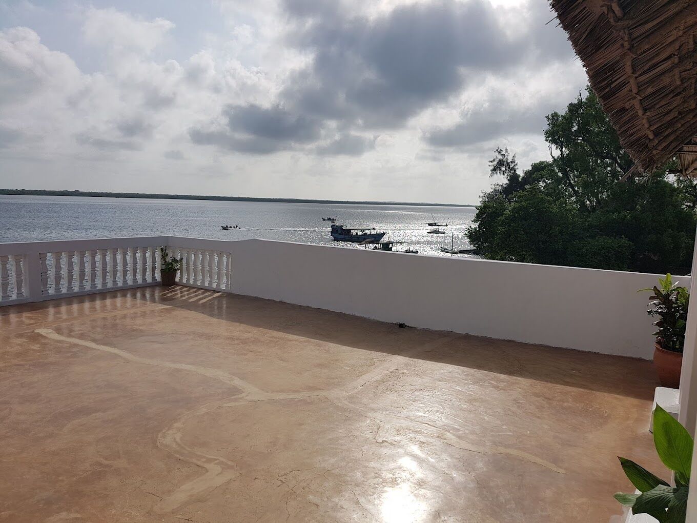 A balcony with a view of the sea, a thatched roof, and potted plants.