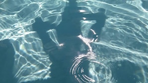 Piscina límpida com estrutura de cobertura curva.