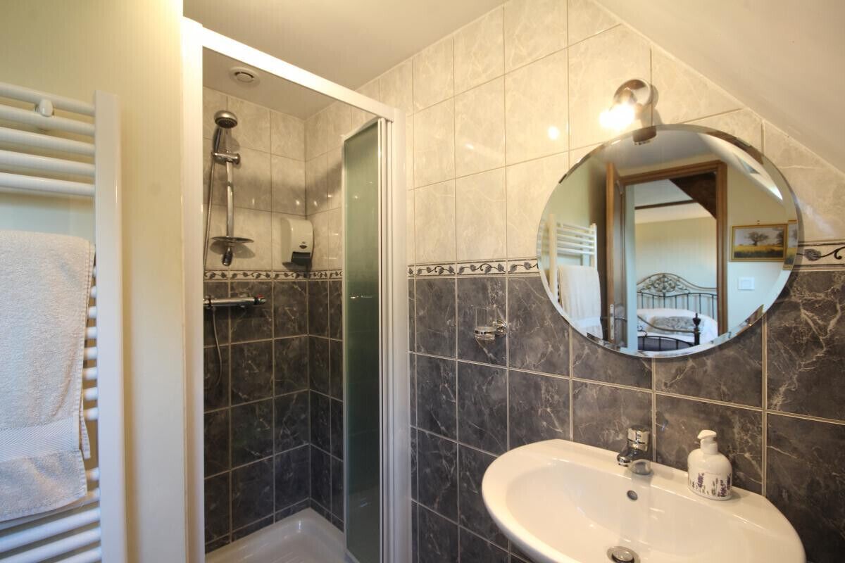 Un bagno con doccia, lavandino e specchio.