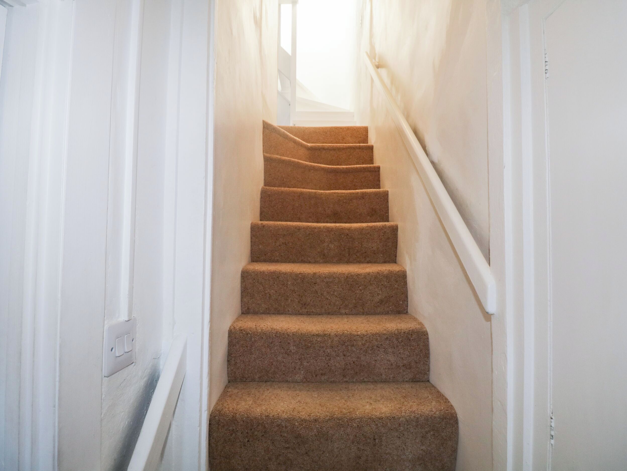 A carpeted staircase with white walls and a handrail.
