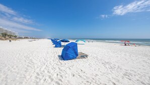 Una playa con hileras de sombrillas azules y tumbonas.