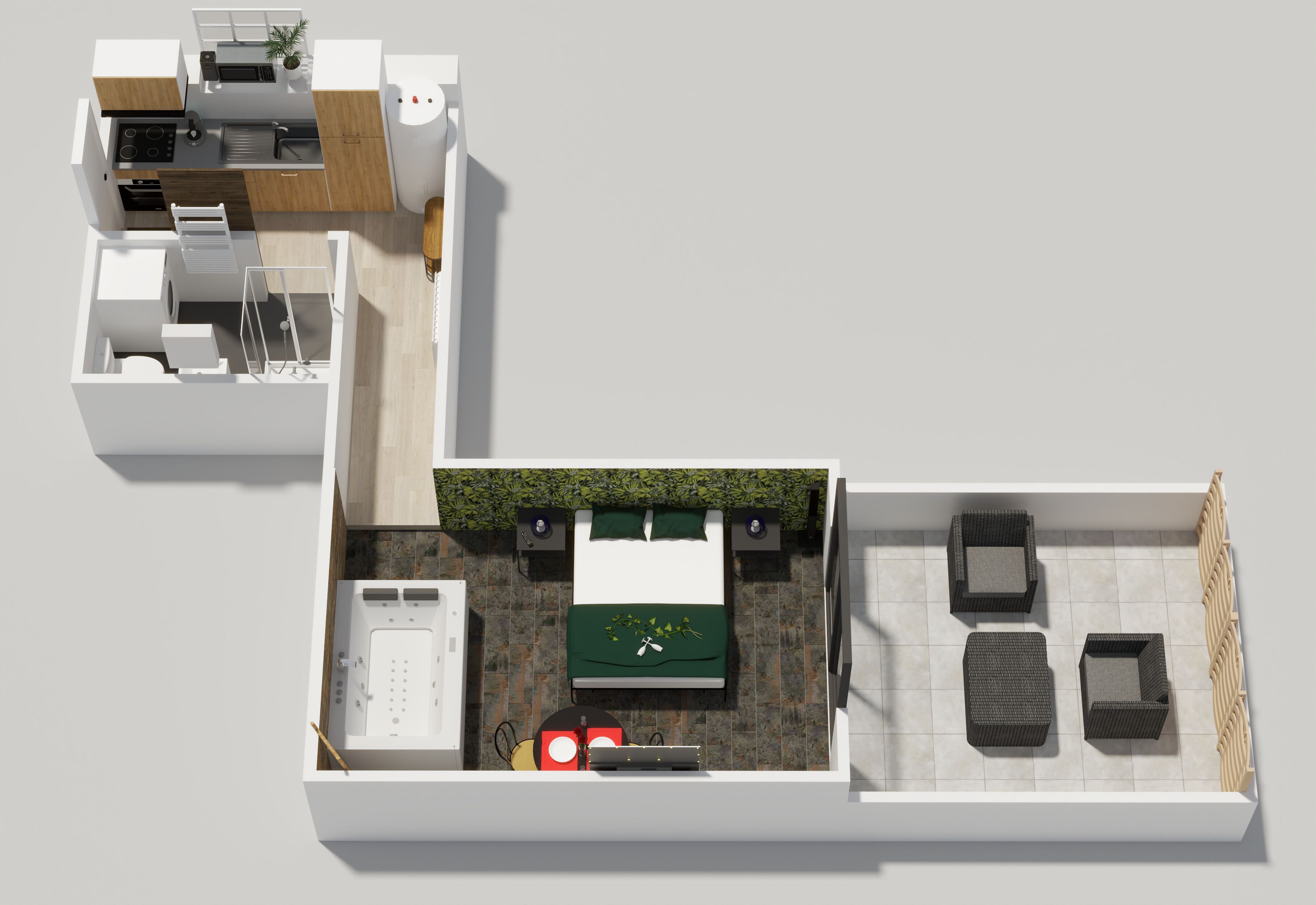 Plano de planta en 2D de un apartamento moderno con cocina, comedor y una sala de estar pequeña.
