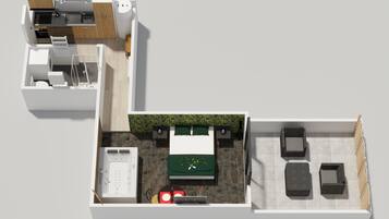 Plano de planta en 2D de un apartamento moderno con cocina, comedor y una sala de estar pequeña.