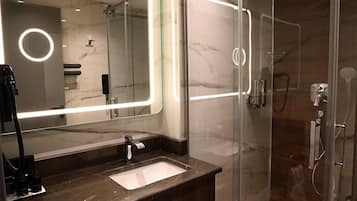 Shower, rainfall showerhead, hair dryer, bathrobes