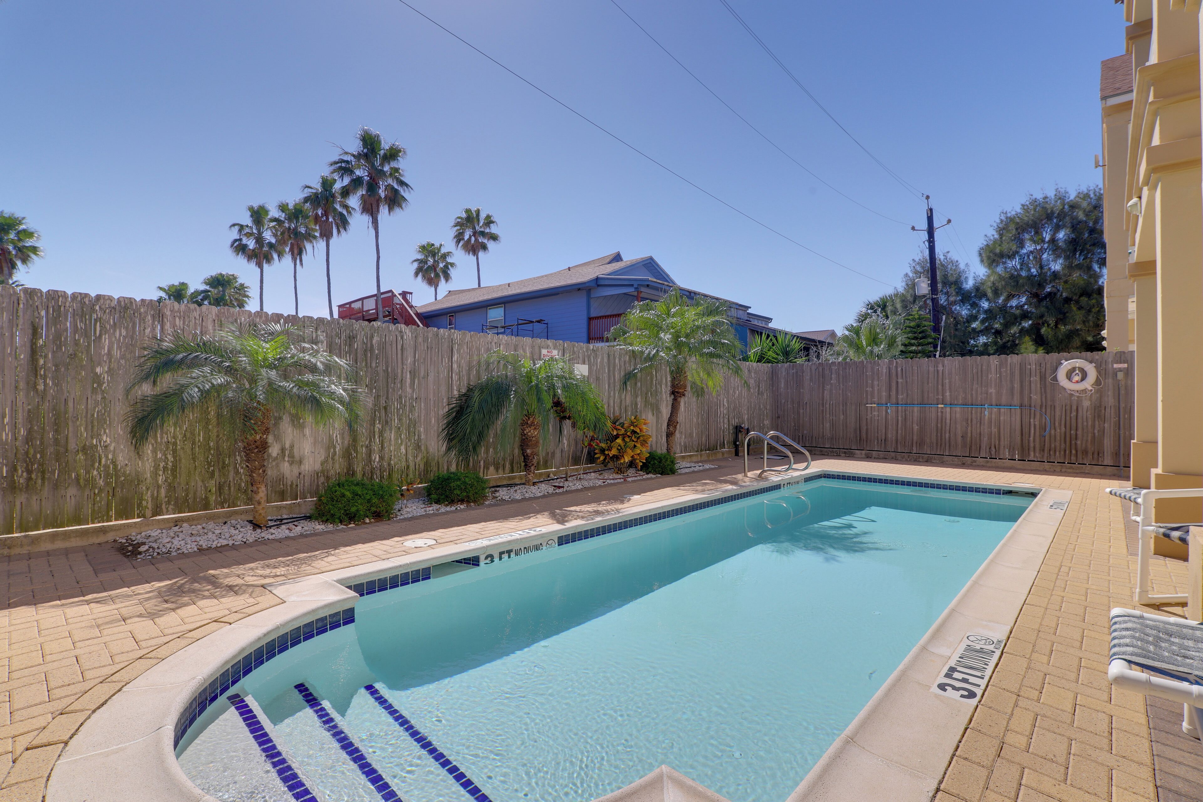 A swimming pool with a wooden fence, palm trees, and a blue building in the background.
