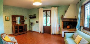 Ein gemütliches Wohnzimmer mit Kamin, einem Holzschrank, einem Ventilator und einem Sofa.