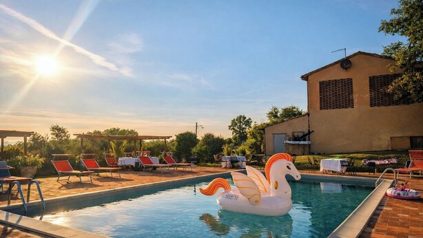 A swimming pool with lounge chairs and a swan floatation device. - Plum – Two-Level Apartment in Tuscan Farmhouse with Swimming Pool, 2 Bedrooms (Castelfiorentino)
