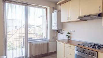 A kitchen with a stove, oven, and cabinets.