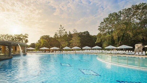 A swimming pool with clear blue water, surrounded by lounge chairs and umbrellas, with trees in the background. - VILLAS HOLIDAYS (Kiten)