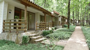A row of wooden cabins with stone steps leading to the entrance, surrounded by lush greenery and trees. - VILLAS ROPOTAMO (Kiten)
