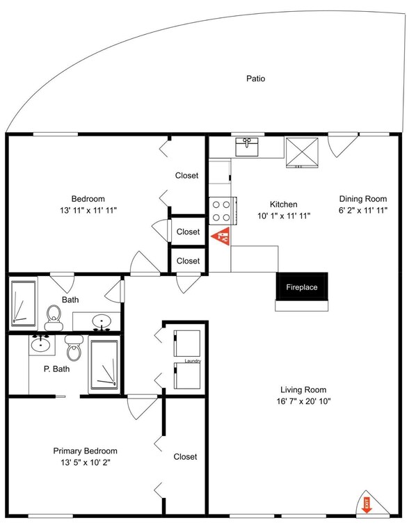 A floor plan with a patio, bedroom, primary bedroom, living room, kitchen, dining room, and bathroom. - Billy the Kid | Ground Floor, Scenic Views, & Great Location (Ruidoso)