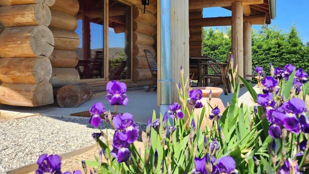 A log cabin with a covered porch, a window, and a door.