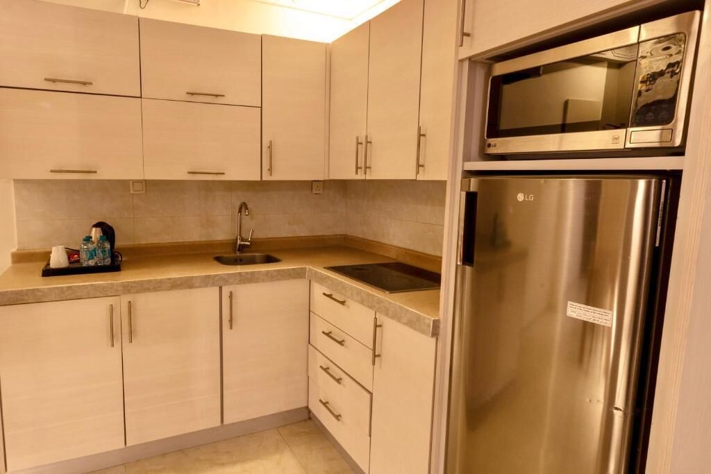 Grand réfrigérateur, micro-ondes, four