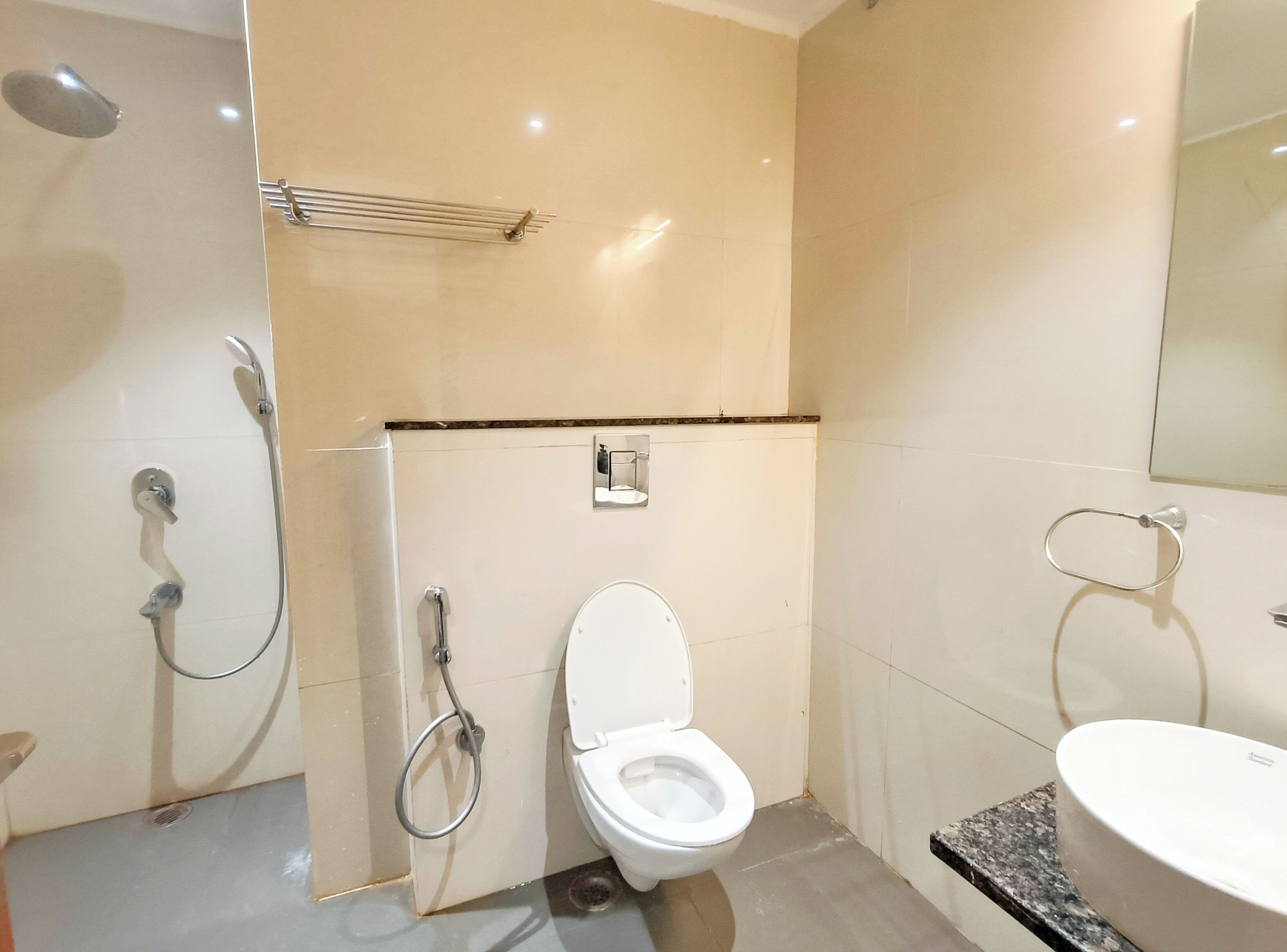 A bathroom with a toilet, a sink, and a shower.