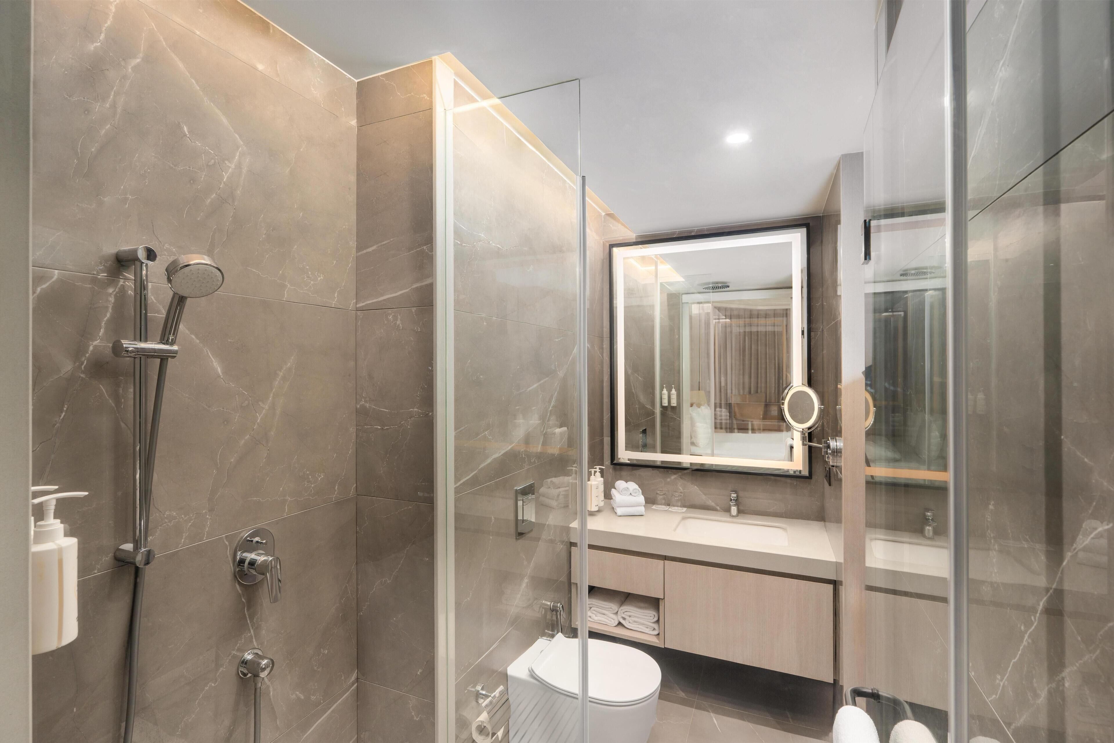 Een moderne badkamer met een douche met glazen wand, een wastafel met spiegel en een toilet.