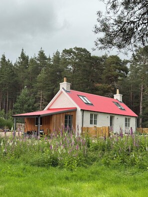 A house with a red roof, white walls, and a chimney. - Secluded Rural Woodland Cottage with Bike Store nr Ballater (Logie Coldstone)