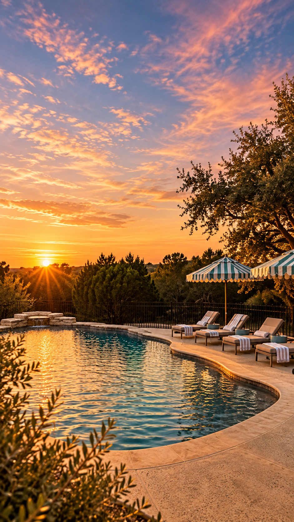 Una piscina con sillones de descanso y sombrillas, rodeada de árboles y un atardecer.