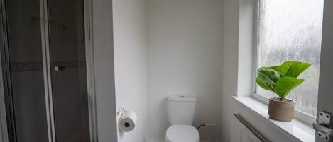 A small, white bathroom with a toilet, a shower, and a window with a plant.