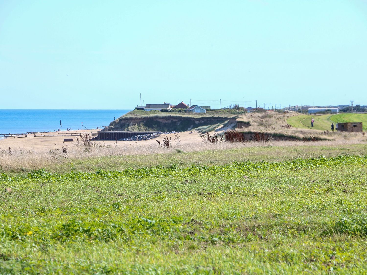 A coastal landscape with a sandy beach, grassy fields, and a few buildings in the background.