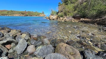 On the beach, sun-loungers, beach towels