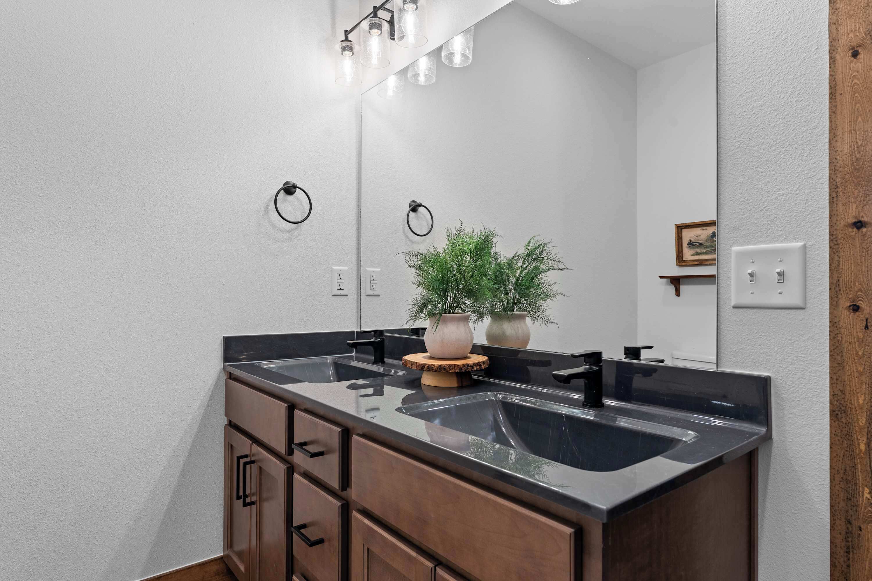 A modern bathroom with a large mirror, two sinks, wooden cabinetry, and a potted plant.