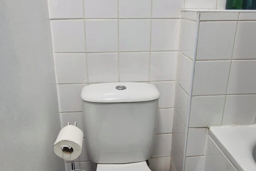 Un inodoro con tapa blanca y un rollo de papel higiénico a la izquierda.