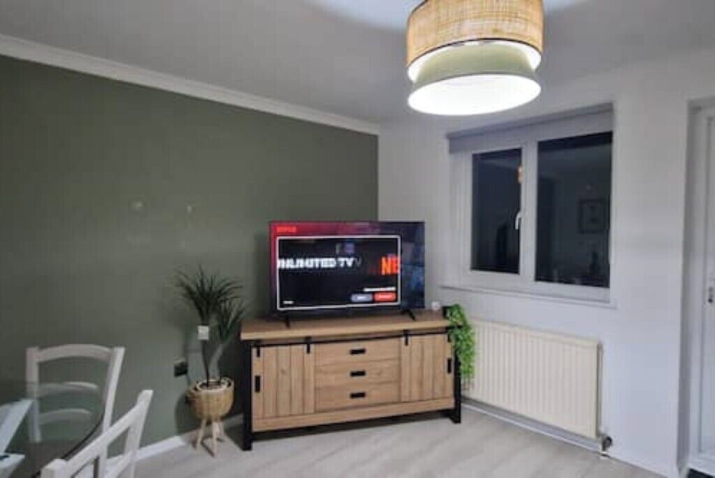 A living room with a TV on a wooden stand, a potted plant, and a window with blinds.
