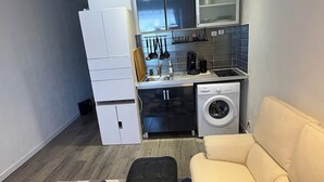 Un espacio habitable pequeño con sofá, una alfombra estampada, lavadora y una kitchenette con armarios y microondas.