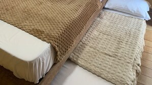 A neatly made bed with a brown blanket and white pillows, a wooden headboard, and a wall-mounted abstract art piece.