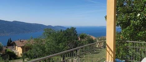 Un balcone con ringhiera metallica che si affaccia su un panorama suggestivo di un lago e montagne.