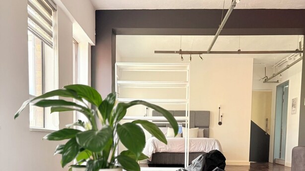 Una sala de estar moderna con una mesa de centro de madera, una planta en maceta, un sillón de felpa y una alfombra colorida.