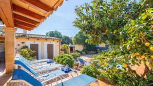 Terraço com cadeiras de descanso e pérgola, cercado por vegetação e um edifício com telhado de azulejos.