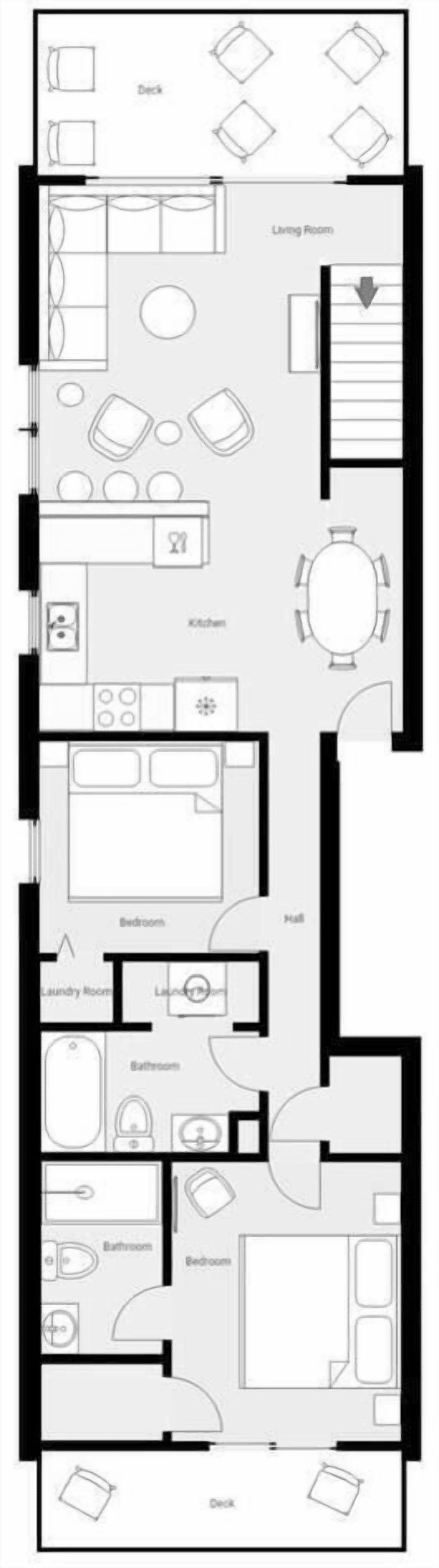 A floor plan of a hotel with a kitchen, dining area, living room, two bedrooms, a bathroom, and a laundry room.