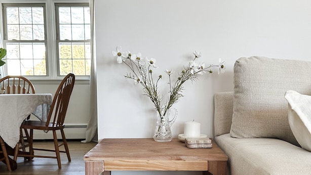 A living room with a wooden coffee table, a beige sofa, and a patterned rug. - Lancaster Haven - Central location, fenced backyard, family friendly (Lancaster)