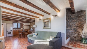 Un interior rústico con vigas de madera a la vista, una pared de piedra, un sofá verde, una lavadora y un comedor.
