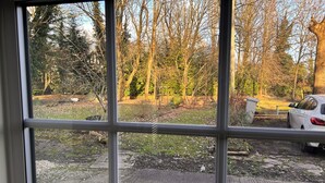 A view through a window of a yard with a car parked in the background. - Deandale Stays (Wilmslow)