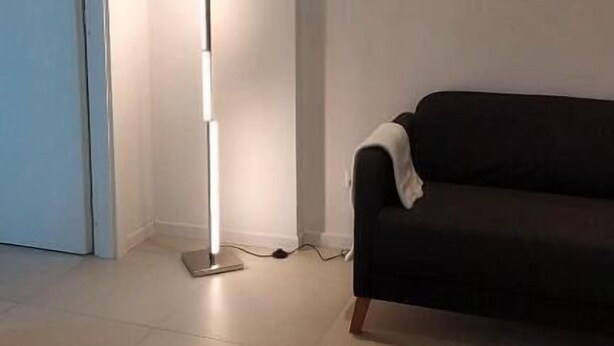 A modern living room with a dark sofa, a red chair, and a tall floor lamp. - Le Case di Elena (Gignese)