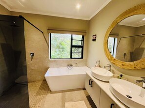 Chuveiro, secador de cabelo, toalhas de banho, sabonete
