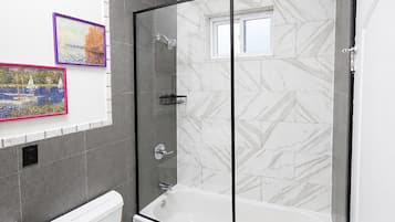 Hair dryer, towels, soap, shampoo