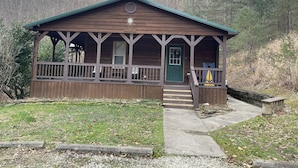 Eine Holzhütte mit Veranda, einer grünen Tür und einer kleinen Flagge.