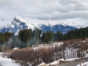 Eine verschneite Berglandschaft mit einer Straße im Vordergrund und einem bewaldeten Gebiet.