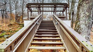 Eine Holztreppe führt zu einem überdachten Bereich mit Blick auf Bäume und ein Gewässer.