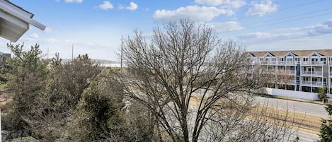 Un quartier résidentiel, avec un ciel dégagé, un arbre sans feuilles au premier plan et un immeuble à plusieurs étages en arrière-plan.