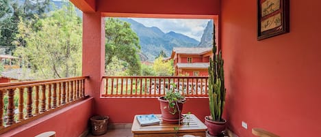 A balcony with a wooden table, two chairs, a potted plant, and a cactus.