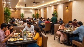 A spacious dining area with multiple tables and chairs, ceiling fans, and wall-mounted lighting fixtures. - Shahenshah Hotel  (Prayagraj)
