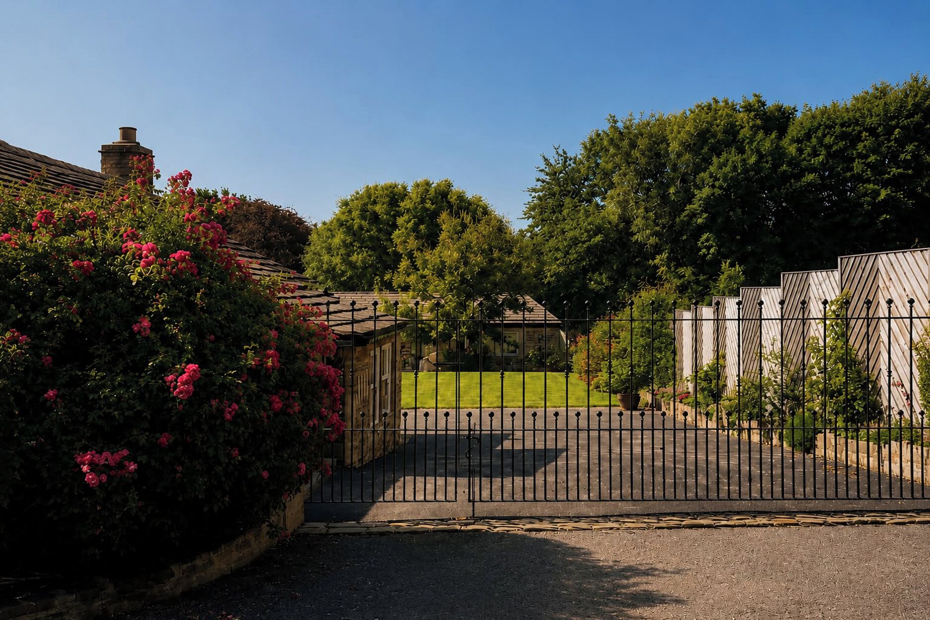 A gated entrance with a paved driveway leading to a grassy area, surrounded by trees and a building with a chimney.
