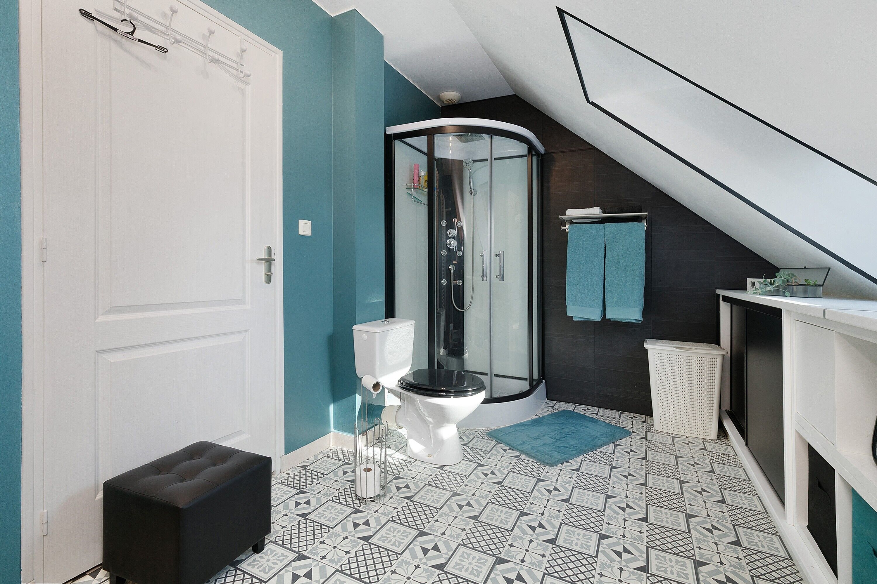 Shower, hair dryer, towels