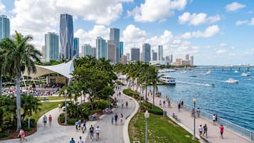 Un paseo marítimo con el horizonte de una ciudad, palmeras y una estructura cubierta blanca.